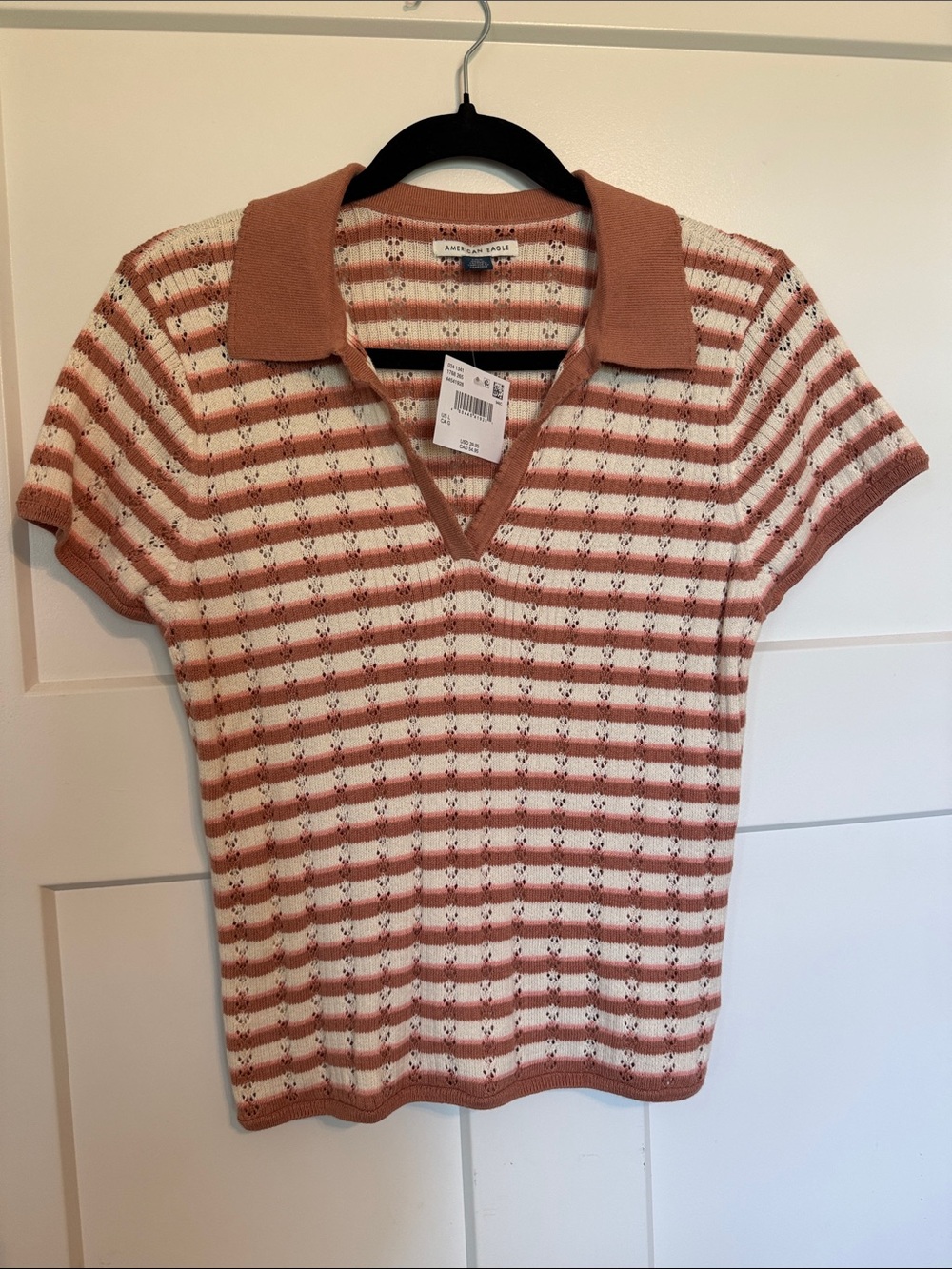 American Eagle Outfitters Short-Sleeve Striped Polo Top - Rust & Cream
